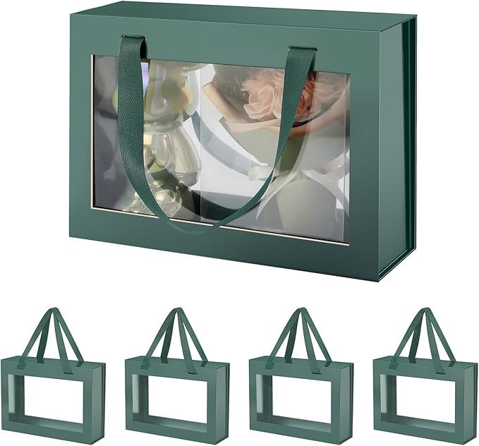 JINGUAN 5 Green Gift Boxes with Windows, Lids, and Handles - Clear Magnetic Gift Boxes for Presents - Size: 10.5x7.5x3 Inches