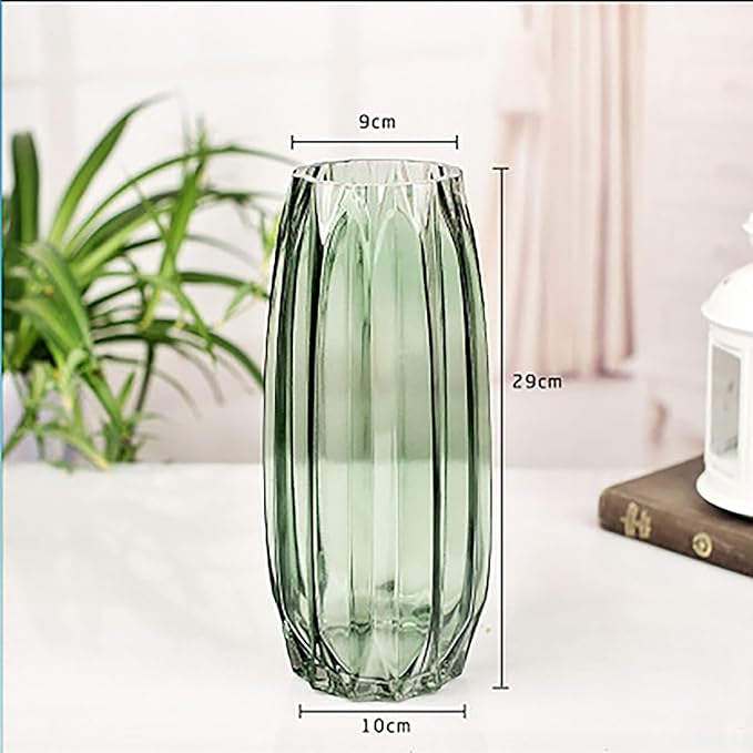 Green Ribbed Glass Vase - Modern Tall/Short Centerpiece for Flowers, Candles & Decor (H12.0inch)