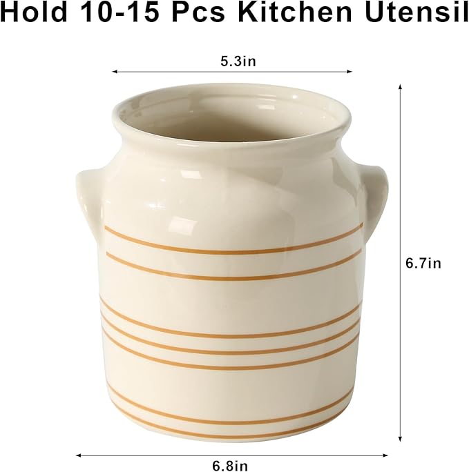Ceramic Farmhouse Kitchen Utensil Holder for Countertop, Rustic Cooking Utensil Holder Crock Fit for Kitchen Counter. 6*6.8*6.7 IN