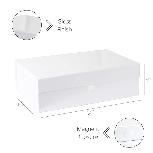 Purple Q Crafts White Hard Gift Box With Magnetic Closure Lid 14" x 9" x 4" Rectangle Favor Boxes With White Glossy Finish (5 Boxes)