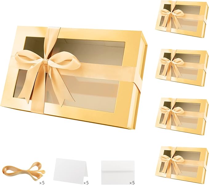 PACKQUEEN 5 Large Gold Christmas Gift Boxes with Windows, 13.5x9x4.1 Inches Clear Gift Boxes for Presents Contain Ribbons, Cards, Bridesmaid Proposal Boxes, Boxes with Magnetic Lids (Glossy Gold)