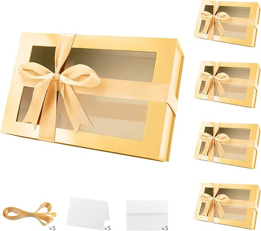 PACKQUEEN 5 Large Gold Christmas Gift Boxes with Windows, 13.5x9x4.1 Inches Clear Gift Boxes for Presents Contain Ribbons, Cards, Bridesmaid Proposal Boxes, Boxes with Magnetic Lids (Glossy Gold)