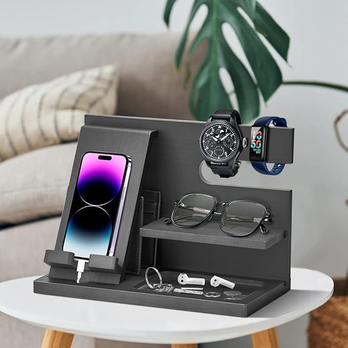 Wood Phone Docking Station - Gifts for Men Desk or Nightstand Organizer - Birthday Gifts for Husband, Fathers Day for Dad - Anniversary Idea from Wife - Key Holder, Stand Wallet, Watch & Essentials