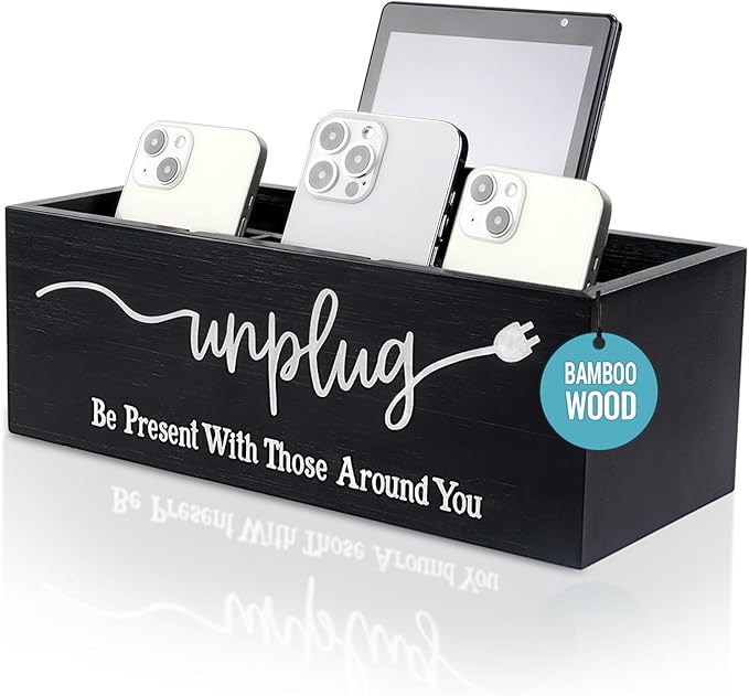 Bamboo Wood Phone Box – Unplug from Phones, Tablets, and Electronics for Study, Meetings, and Family Time, Phone Holder Organizer with Charging Holes, Farmhouse Style, Holds Up to 18 Phones-Black