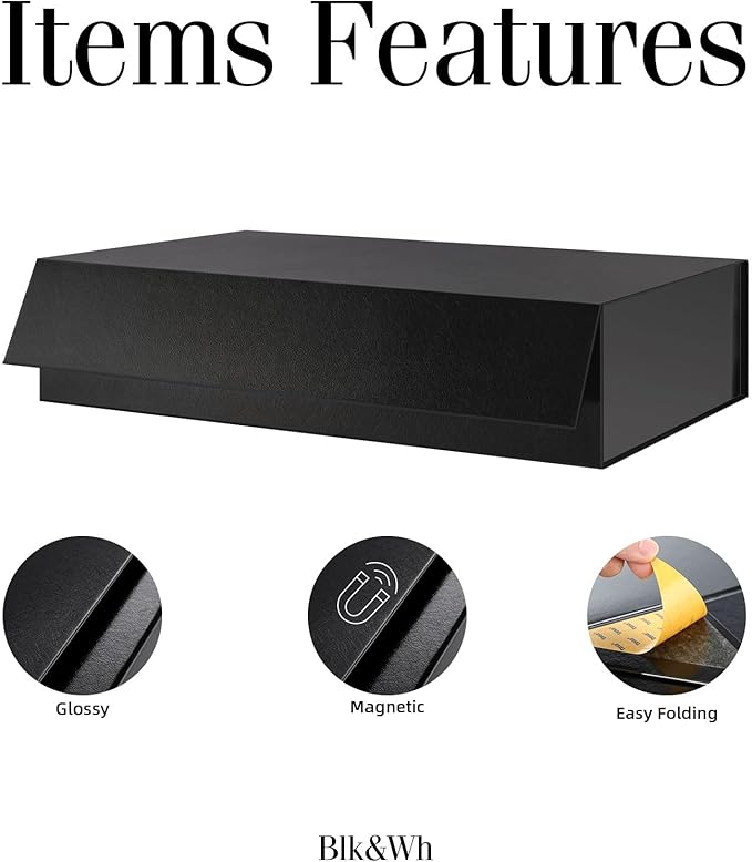 BLK&WH 5 Extra Large Gift Boxes 17x11x4 Inches, Black Gift Boxes with Magnetic Closure Lid, Sturdy Shirt Boxes, Rectangle Collapsible Boxes for Clothes (Glossy Black with Grass Texture)