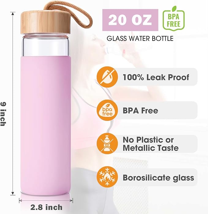 20 Oz Borosilicate Glass Water Bottles with Silicone Sleeve BPA Free, Dishwasher Safe - Reusable Clear Glass Drinking with Leak Proof Bamboo Lid | Perfect Gym Water Bottles for Men & Women