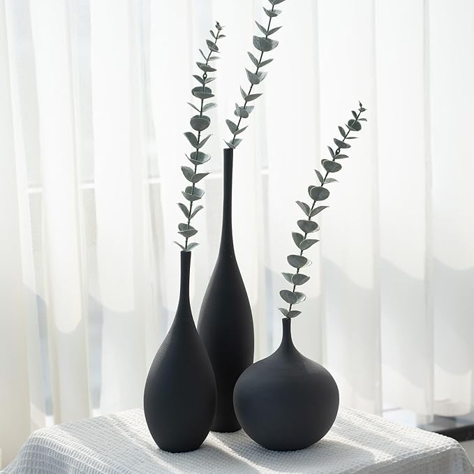 Black Ceramic Vase Modern Boho Wabi-Sabi Flower Vase Set of 3 Decorative Aesthetic Vases for Centerpieces Matte Minimalist Vases for Living Room Table Shelf Home Decor Gift