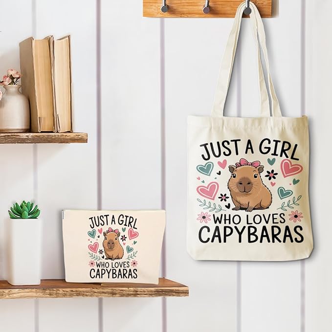 A Girl Loves Capybaras Capybara Gifts for Girls Cute Capybara Stuff Accessories Canvas Tote Bag Makeup Cosmetic Bag Beach Bags for Women Sister Girl Birthday Weekender Friendship Graduation Christmas
