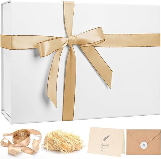 LIFELUM Large Gift Box 14"x8.5"x4.5" Christmas Gift Boxes for Presents Bridesmaid Box for Anniversary Wedding Proposal Birthday, White Gift boxes with Shredded Filler Card Ribbon