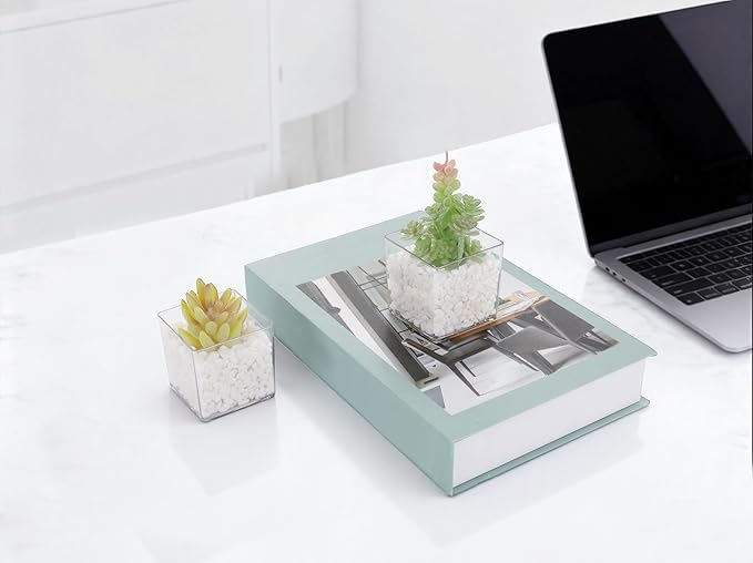 2-Pack Mini Transparent Acrylic Artificial Succulent Potted Small Fake Plants for Living Room Bathroom Decor Office Book Shelf Window Sill Decoration Accessories