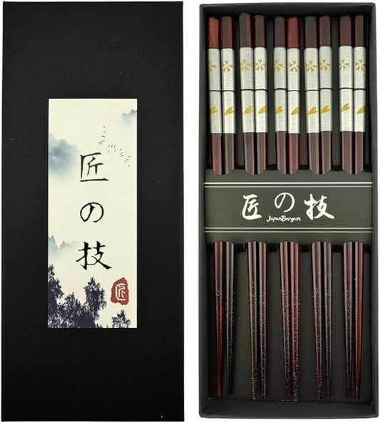 JapanBargain 4508, Bamboo Chopsticks Reusable Japanese Chinese Korean Wood Chop Sticks Hair Sticks 5 Pair Gift Boxed Set Dishwasher Safe, 9 inch, Brown, Sakura Cherry Blossom