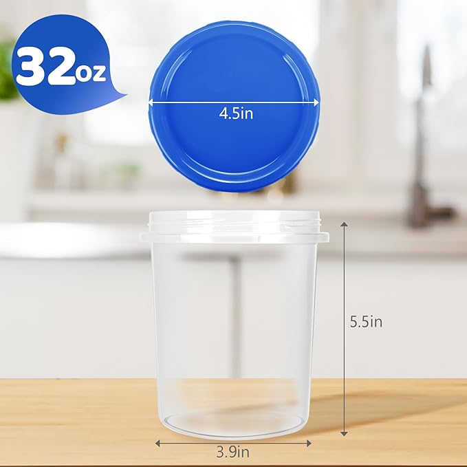 Heavy Duty Airtight Plastic Containers with Twist Top Lids, Stackable Freezer Containers for Lunch, Salad, Soup, Leftover, Ice Cream, BPA Free [6 Pack-32 oz]