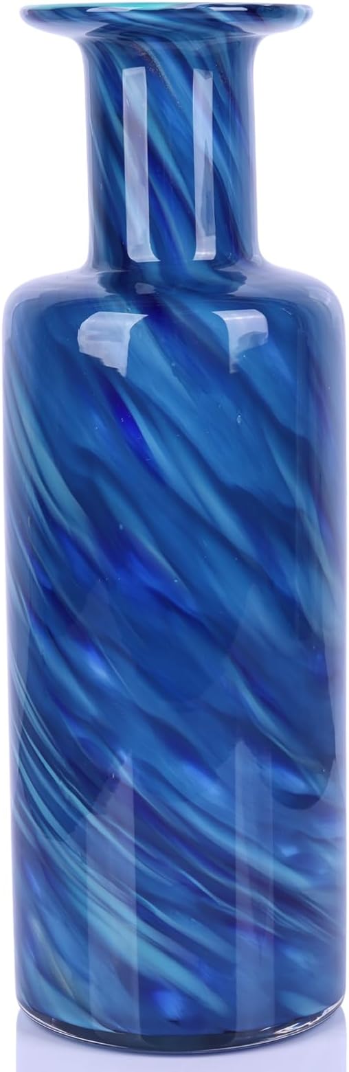 Blown Glass Cylindrical vase, Modern Art Glass Tall vase for Home Decoration Table Centerpiece, Wedding, Living Room Coffee Table, entryway Entry Table top, TV Cabinet Decoration and Ornament. (Blue)