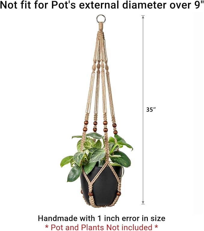 Mkono Macrame Plant Hanger Indoor Jute Hanging Planter Basket with Wood Beads Decorative Flower Pot Holder No Tassels for Indoor Outdoor Boho Home Decor 35 Inch, Brown, Set of 1 (POTS NOT Included)