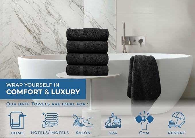 DAN RIVER Bath Towels Set of 4, 27 x 54 Inches, 100% Cotton, Larger & Lighter Weight, Quicker to Dry, Super Soft and Absorbent, Ideal Black Bath Towels for Daily Use
