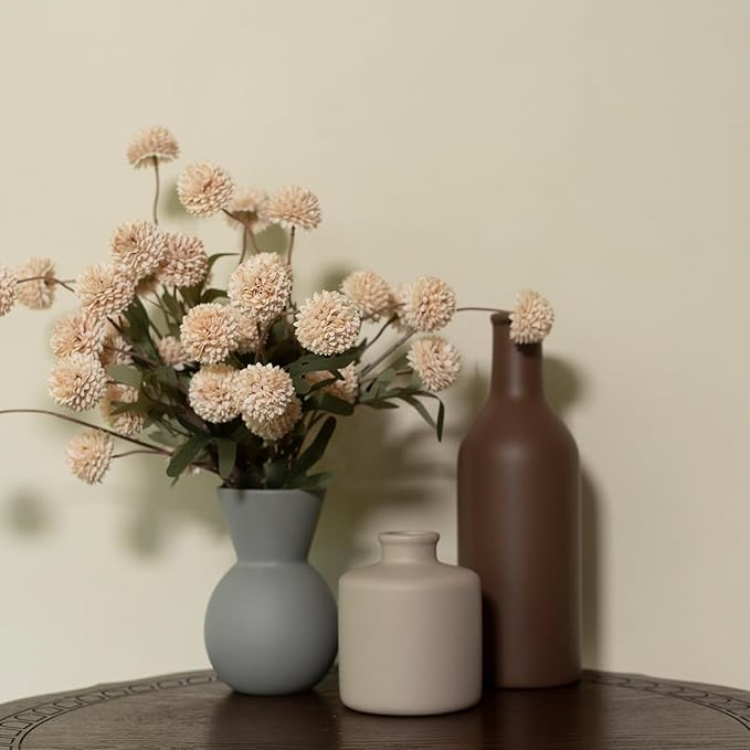 Fake Flowers in Vase for Centerpieces, Faux Flowers in Modern Ceramic Vase Set of 3 with 8 Artificial Autumn Chrysanthemums Artificial Decorative Swags