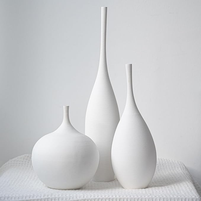 White Ceramic Vase Modern Boho Wabi-Sabi Flower Vase Set of 3 Decorative Aesthetic Vases for Centerpieces Pampas Matte Minimalist Vases for Living Room Table Shelf Home Decor Gift