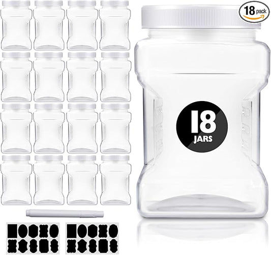 18 Pack Clear Plastic Storage Jars with Lids,27 oz Easy Grip Handles Plastic Containers,Reusable Wide Mouth Plastic Canisters,with Airtight Lids Square Paint Storage Containers for Kitchen Supplies