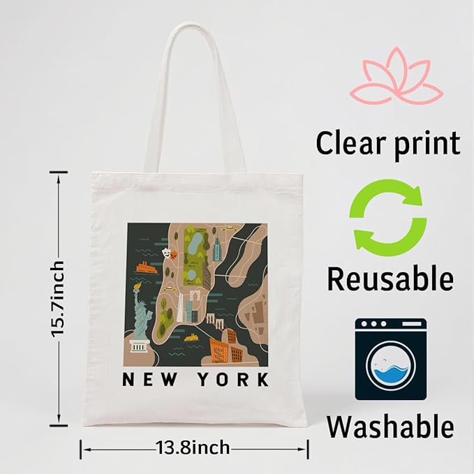 New York Map Canvas Tote Bag, New York Travel Gifts Shoulder Bags, Christmas Gifts to Friends and Family, Reusable Shoulder Tote Bag, Holiday Gift Bags for Wrap Storage