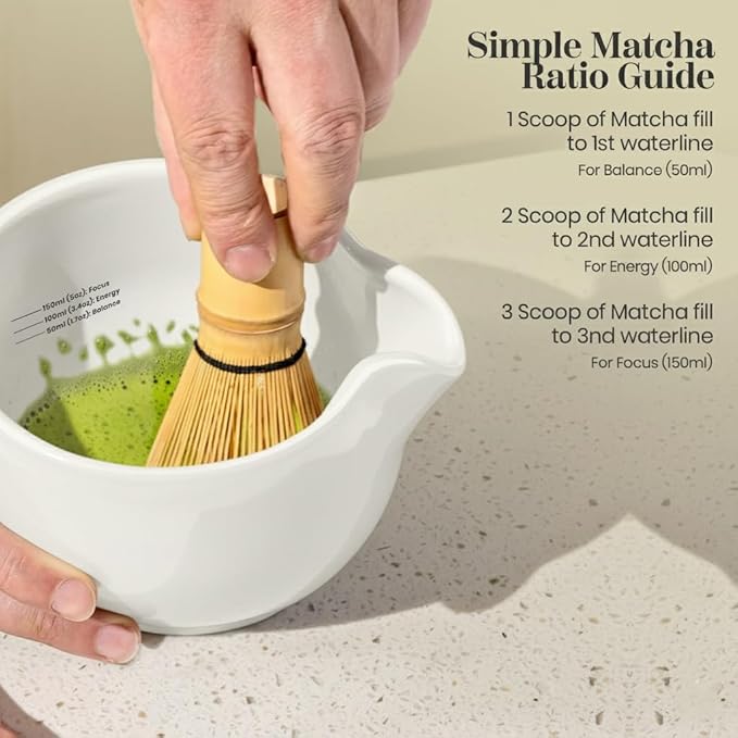 NEXTLUXE Matcha Whisk Set – Traditional Bamboo Chasen with Ceramic Bowl, Matcha Bowl and Whisk Kit - Measurement Lines, Spoon & Lid – White