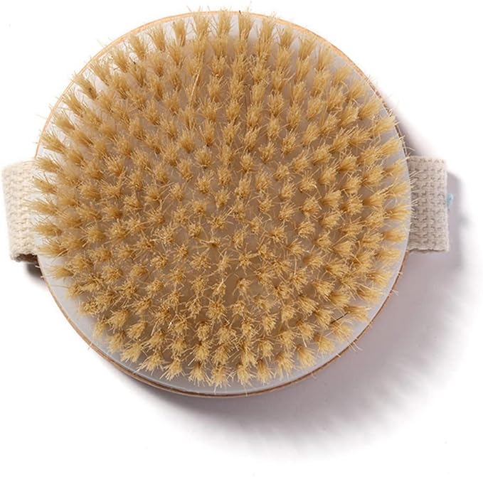 Round Wooden Natural Bristles Dry Bath Body Brush, Dia4.3” Handheld Shower Brush Back Scrubber for Exfoliating, Cellulite and Detox, etc.