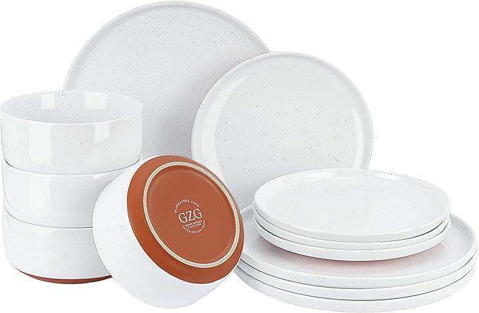 GZG Modern Art Series - 12 Pcs Speckled Stoneware Plates and Bowls Sets, Ceramic Dinnerware Set with Rustic Terracotta Underside, Microwave and Dishwasher Safe Handcrafted Dishes Set - Porcelain White