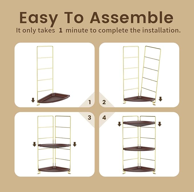 3-Tier Corner Bathroom Organizer Countertop for Storage，Counter Tray and Vanity Organizer，Plastic Counter Organizer for Kitchen, Bathroom, Dresser 10.6 inches (Gold Brown)