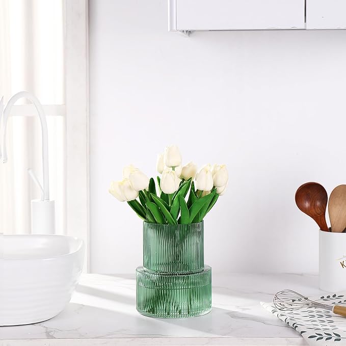 Green Glass Vase, Ribbed Glass Vase for Tulips, Flower Vases for Bouquet, Green Modern Vases for Living Room, Dining Table, Entryway, Mantle, Shelf, Wedding, Office, 7.5 Inches