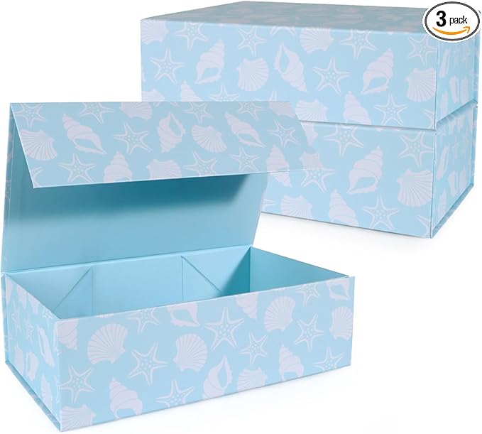 Blue Ocean Theme Gift Box with Magnetic Lids 13.8x8.3x4.4 in, Large Bridesmaid Proposal Boxes, Rectangle Wedding Decorative Storage Box 3 Pack