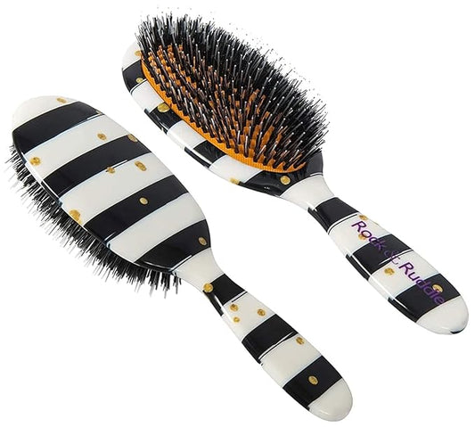 Rock & Ruddle Natural Mixed Bristle Hair Brush for Women and Kids (Large, 21cm) - Perfect for Wet or Dry Hair, Detangling Smoothing Blowdrying - Designed & Made in UK - Black & White Stripes