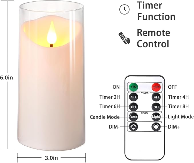 NURADA 3"x6"Flickering Flameless Candles: 3D Wick Acrylic Battery Operated LED Pillar Candles - Battery Candles with Remote and Timer Pure White for Home Decoration Romantic Ambiance