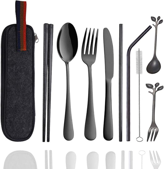 Travel Utensils Set with Case Reusable Stainless Steel Silverware Flatware Set 9 Pcs Portable Cutlery Eating Utensils Set for Lunch Boxes Workplace Camping School, Dishwasher Safe (Black)