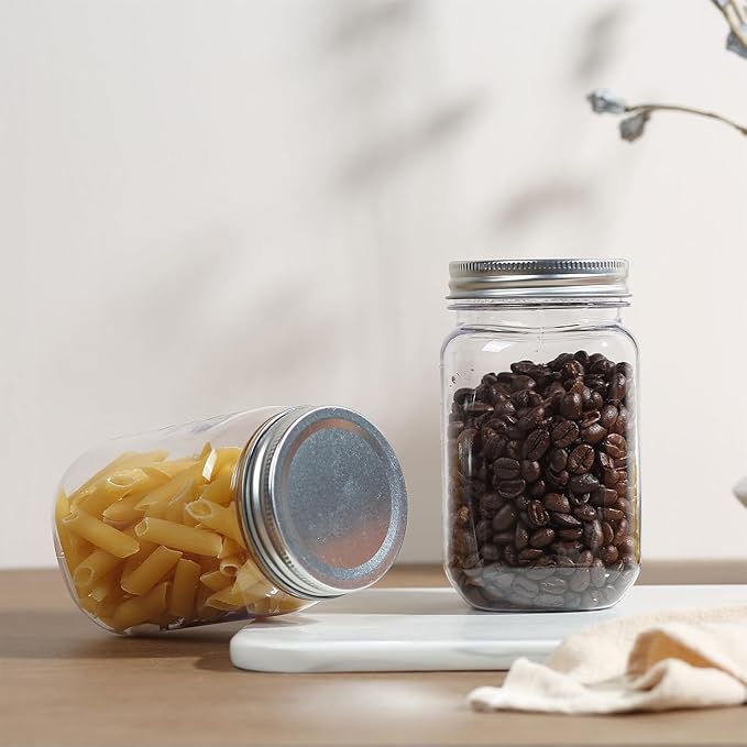 novelinks 16 oz Clear Plastic Jars with Screw-On Lids - BPA-Free Refillable Storage Containers for Slime, Food, Crafts, Kitchen & Household Use (15 Pack,Silver)