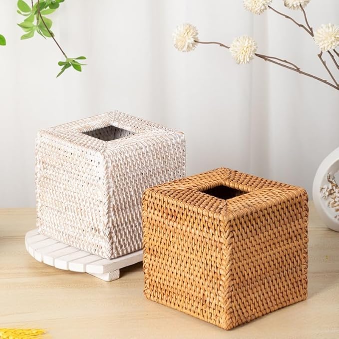2 Pack Rattan Tissue Box Cover Square, Wicker Tissue Box Holder, Decorative Woven Facial Tissue Holder for Bathroom, Kitchen, Living Room, Bedroom (5.5 x 5.5 x 5.7 inch, Whitewash)