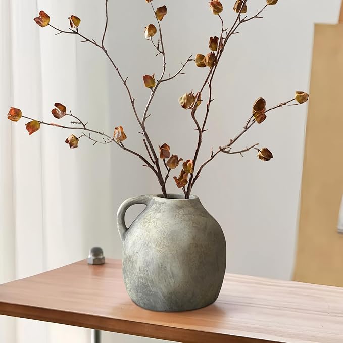 5.6 Inch Handmade Rustic Ceramic Vase with Handle, White Grey Vintage Farmhouse Vase, Pottery Flower Vase for Living Room, Office, Thanksgiving Centerpieces