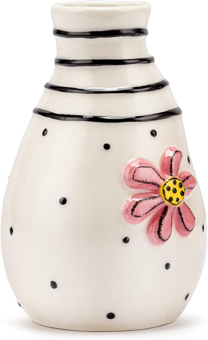 DEMDACO Pink Flower Black and White 3 x 5 Stoneware Mini Decorative Vase