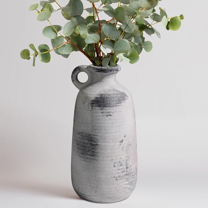 Sunddo Rustic Farmhouse Vase with Handle, Ceramic Vase,10 inch Tall Minimalist Decorative Vases for Home Decor, Table Living Room Bookshelf Entryway Kitchen Bedroom Decor, Grey