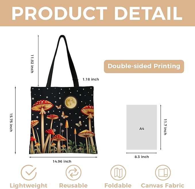 Cute Aesthetic Canvas Tote Bag for Women, Reusable Foldable Shopping Cotton Shoulder Totebag with Zipper Pocket