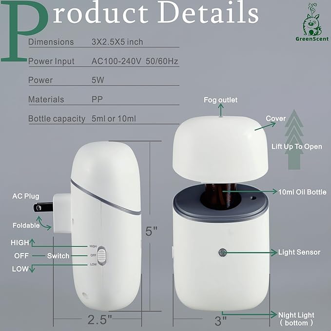 Waterless Essential Oil Diffuser, Plug in Diffuser for Home (Bathroom, Bedroom, Living Room, Kitchen), Office & Yoga Room - Daily 12H Timer Intermittent Dry Mist, Fits 10ml Oil Bottles, Night Light