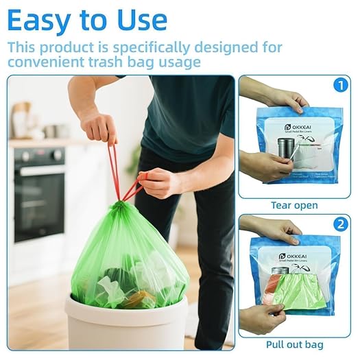 OKKEAI 2.6 Gallon Drawstring Trash Bags, 60 Count Small Green Bathroom Garbage Bags, Heavy Duty Tear-Resistant & Leak-Proof Wastebasket Liners for Kitchen, Bathroom, Office