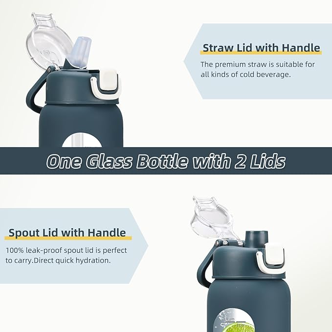 24 oz Glass Water Bottles with 2 Lids-Handle Spout Lid & Straw Lid, Motivational Water Bottle with Time Marker and Silicone Sleeve,Leakproof-Dark Blue-1 Pack