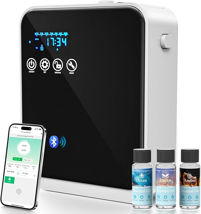 Waterless Essential Oil Diffuser,250ml Aromatherapy Scent Air Diffuser with Smart APP & Touch Screen|Whole House Large Room Oil Diffuser for Home,Office & Hotel Collection,Covers 1500 sq.ft–Black