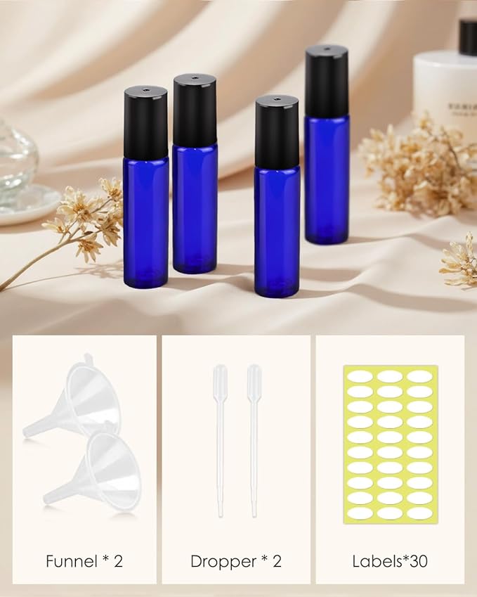 25 Pack Essential Oil Roller Bottles, 10ml Refillable Glass Roller Bottles with Stainless Steel Roller Balls and Caps for Travel, Perfume and Lip Gloss Blue