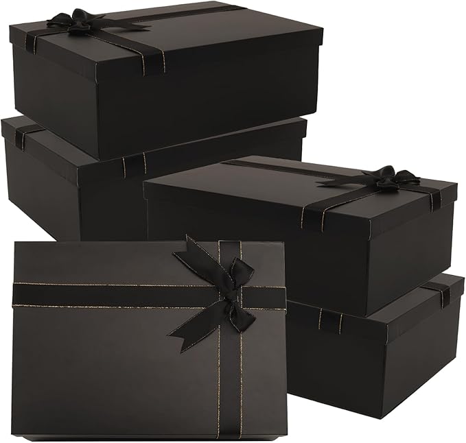 Nsmykhg Luxury Gift Box With Lid & Ribbon, 5 Pack 11.4x8.7x4.1 - Elegant Wedding & Birthday Packaging, Perfect For Shoes, Clothing & Bridal Gifts (Black)