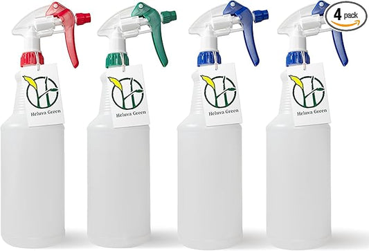 Heavy Duty 32oz Plastic Spray Bottles for Cleaning - Large Empty Industrial Bottles for Gardening Solutions, Vinegar, Chemicals, Professional Cleaners - Adjustable Sprayer Nozzle - 4 Pack