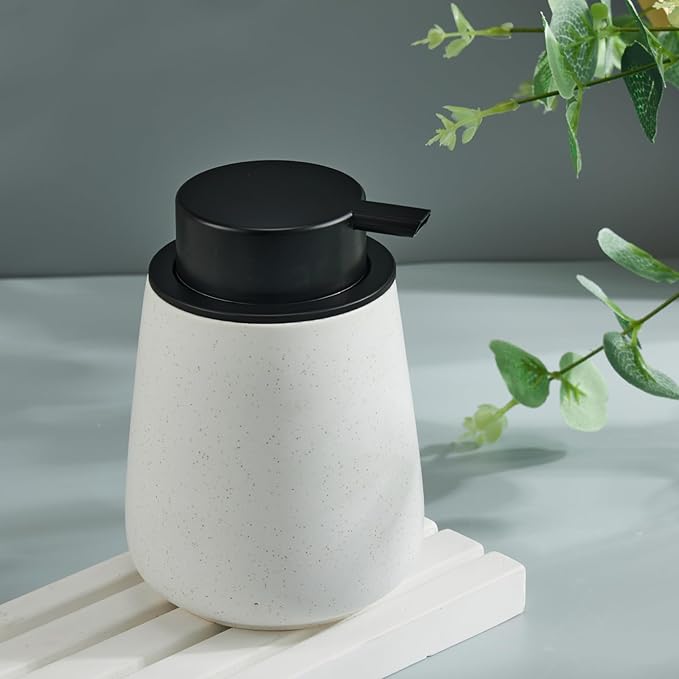 12Oz Foaming Soap Dispenser - Ceramic Foam Hand Soap Dispenser with Easy-to-Press Black Pump, Reusable and Refillable Lotion Dish Soap Dispensers for Bathroom & Kitchen, Speckled Matte White