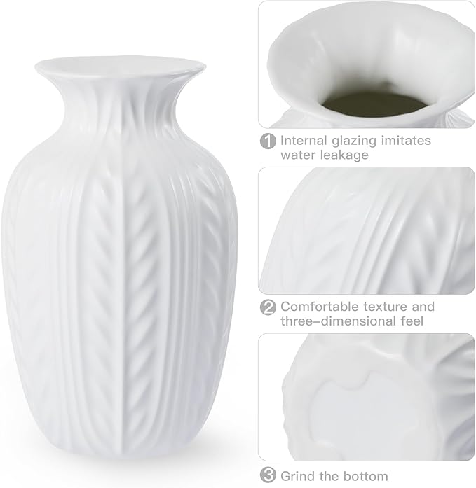 Matte White Ceramic Flower Vase, 10 Inch Unique Wheat Ear Textured Modern Large Vases for Trendy Home Decor Living Room Entryway Shelf Office Rustic Table Centerpiece (Matte White)