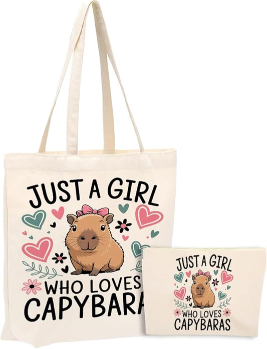 A Girl Loves Capybaras Capybara Gifts for Girls Cute Capybara Stuff Accessories Canvas Tote Bag Makeup Cosmetic Bag Beach Bags for Women Sister Girl Birthday Weekender Friendship Graduation Christmas