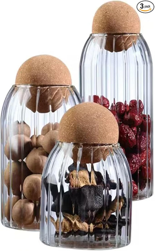 Glass Storage Jar with Ball Cork Lid, Clear Glass Canisters with Cork Ball,3Pcs High Borosilicate Glass Sealed Jar 16oz 26oz 36oz, Used for Storing Candies, Salt, Tea, Seasonings, Cookies, etc