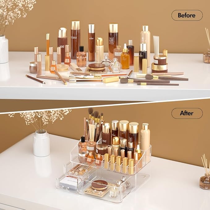 Makeup Organizer for Vanity, Acrylic Large Desk Organizer with Drawers, Ideal Vanity Holder for Cosmetics, Lipsticks, Nail Polish, Skincare, Countertop, Bathroom, Dresser